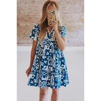 Blue Ricrac Trim Split Neck Floral Loose Dress - XL thumbnail