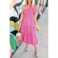 Strawberry Pink Asymmetric Puff Sleeve Smocked Bodice Tiered Midi Dress - XL thumbnail