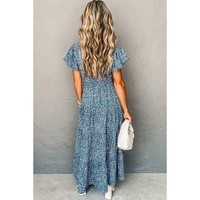 Blue Printed V Neck Shirred Short Puff Sleeve Maxi Dress - S thumbnail