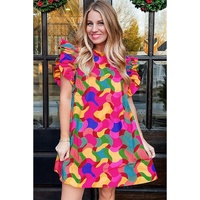 Rose Red Abstract Print Ruffle Sleeve Shift Dress - M thumbnail