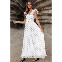 White Polka Dot Flutter Sleeve Square Neck Smocked Maxi Dress - 2XL thumbnail