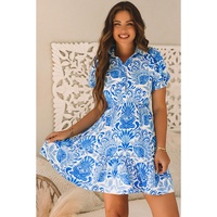 Sky Blue Retro Floral Print Drawstring Waist Ruffled Mini Dress - L thumbnail