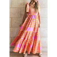 Pink Boho Gingham Tied Straps Smocked Maxi Dress - XL thumbnail