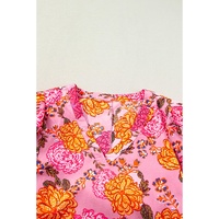 Pink Floral Bubble Sleeve V Neck Ruffled Mini Dress - L thumbnail
