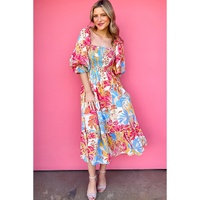 Rose Red Tropical Print Smocked Bodice Puff Sleeve Maxi Dress - S thumbnail