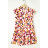 Purple Floral Print Split Neck Flutter Sleeve Dress - XL thumbnail