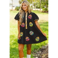Black Glistening Easter Egg Sequin Trim Half Button Puff Sleeve Dress - M thumbnail