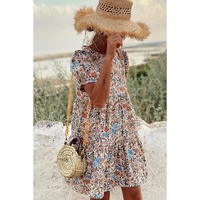 Apricot Bohemian Floral Print Short Puff Sleeve Mini Dress - L thumbnail