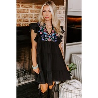 Black Floral Embroidered Tiered Ruffled Mini Dress - M thumbnail