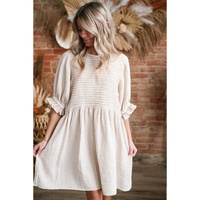 White Textured Ruffled Puff Sleeve Loose Dress - S thumbnail