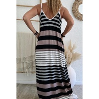 Multicolour Mixed Stripes Spaghetti Straps V Neck Maxi Dress - L thumbnail