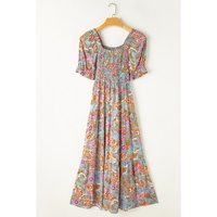 Yellow Smocked Bodice High Waist Puff Sleeve Floral Dress - L thumbnail