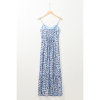 Sky Blue Floral Print Ruffled Ruched Maxi Dress - L thumbnail