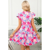 Pink Floral Printed V Notched Ric Rac Flutter Sleeve Dress - L thumbnail