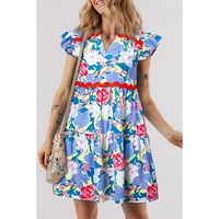 Sky Blue Floral Printed V Notched Ric Rac Flutter Sleeve Dress - L thumbnail