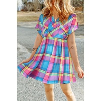 Light Blue Multicolor Plaid Short Sleeve Babydoll Mini Dress - L thumbnail