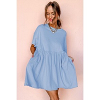 Sky Blue Solid Color Pocketed Raw Edge Babydoll Dress - M thumbnail