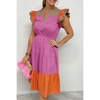 Bonbon Color Block Tiered Notched Neck Ruffle Sleeve Dress - L thumbnail