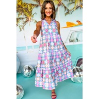 Sky Blue Floral Print Frilly Neck Sleeveless Tiered Maxi Dress - L thumbnail