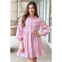 Pink Stripe Ruffled Hem Button-up Collared Shirt Mini Dress - L thumbnail