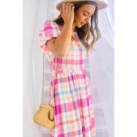 Pink Checkered Puff Sleeve Belted Midi Dress - M thumbnail