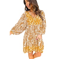 Orange Bohemian Print Puff Sleeve Tied V Neck Flared Mini Dress - L thumbnail