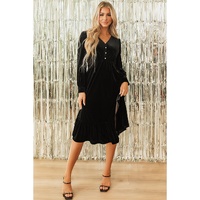 Black Velvet Buttoned Puff Sleeve V Neck Split Midi Dress - M thumbnail
