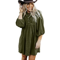 Vineyard Green Corduroy Snap Buttons Empire Waist Bracelet Sleeve Dress - M thumbnail