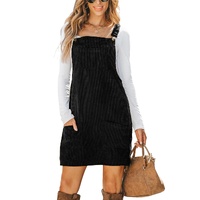 Black Solid Front Pockets Sleeveless Corduroy Overall Dress - M thumbnail