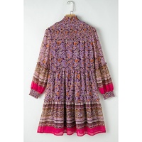 Purple Floral Smocked Puff Sleeve High Neck Mini Dress - S thumbnail