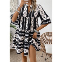 Black Geometric Print V Neck Ruffled Dress - M thumbnail