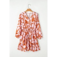 Brown Floral Puff Sleeve Smocked Waist Layered Dress - L thumbnail