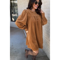 Desert Gold Corduroy Pleated Puff Sleeve Shift Short Dress - L thumbnail