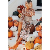 Khaki Floral Print Ruffled Tiered Long Sleeve V Neck Midi Dress - L thumbnail