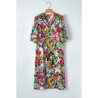 Green Floral Puff Sleeve V Neck Tassel Drawstring Dress - S thumbnail