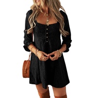 Black Lace Crochet Buttoned Square Neck Shift Mini Dress - XL thumbnail