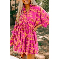 Pink Floral Print Drawstring Tunic Flowy Short Dress - L thumbnail