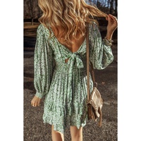 Green Floral Print Square Neck Shirred Waist Tiered Ruffled Mini Dress - M thumbnail