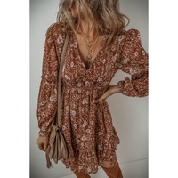 Brown Boho Floral Ruffled Puff Sleeve V Neck Mini Dress - L thumbnail