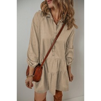 Tan Puff Sleeve Buttoned Tiered Pleated Shirt Mini Dress - L thumbnail