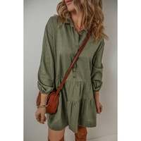 Jungle Green Puff Sleeve Buttoned Tiered Pleated Shirt Mini Dress - S thumbnail