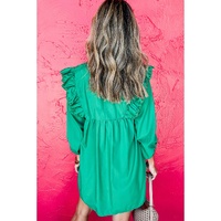 Bright Green Embroidered Ruffled Trim 3/4 Sleeve V Neck Mini Dress - XL thumbnail