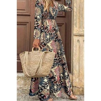 Black Floral Print V Neck Wrap High Waist Maxi Dress - S thumbnail