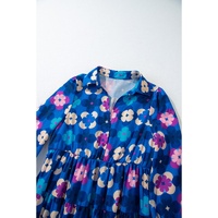 Blue Floral Peasant Sleeve Tiered Ruffle Midi Dress - L thumbnail