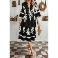 Black Western Geometric Print 3/4 Sleeve Loose Midi Dress - L thumbnail