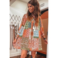Orange Boho Paisley Mixed Print 3/4 Sleeve Chiffon Loose Dress - L thumbnail