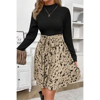 Black Ribbed Knit Patchwork Printed Belted A-line Dress - XL thumbnail