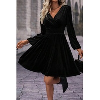 Black Velvet Long Sleeve Surplice High Waist Mini Dress - XL thumbnail
