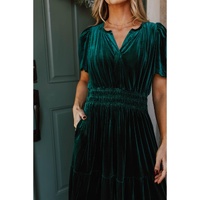 Evergreen Velvet Short Sleeve Shirred Waist Tiered Maxi Dress - L thumbnail