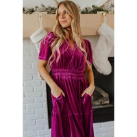 Red Dahlia Velvet Short Sleeve Shirred Waist Tiered Maxi Dress - M thumbnail
